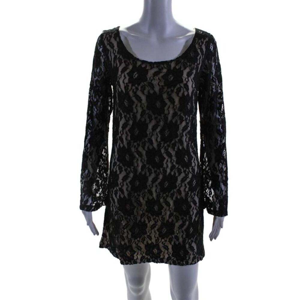 Elle Lauri Womens Lace Long Sleeves Body Con Dress Black Beige Size Medium